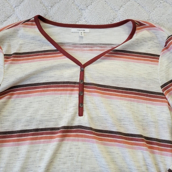 white and burgundy/pink tones striped long sleeve heartland henley shirt - Picture 2 of 5